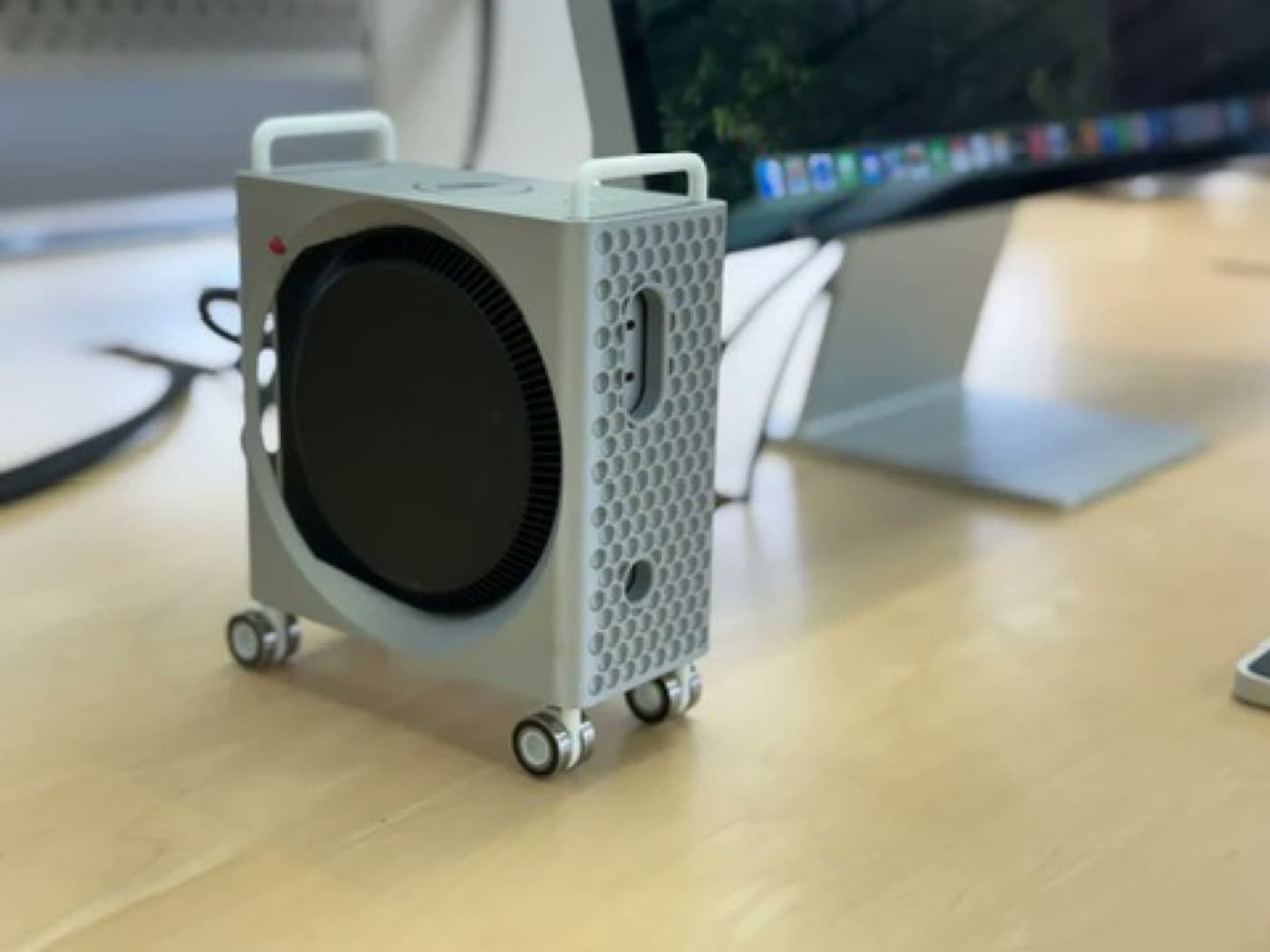 A miniature Mac Pro model printed for a past order